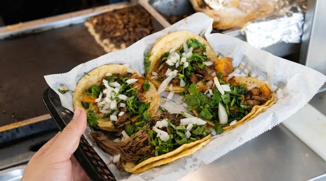 A tray of La Perla tacos topped with onion and cilantro