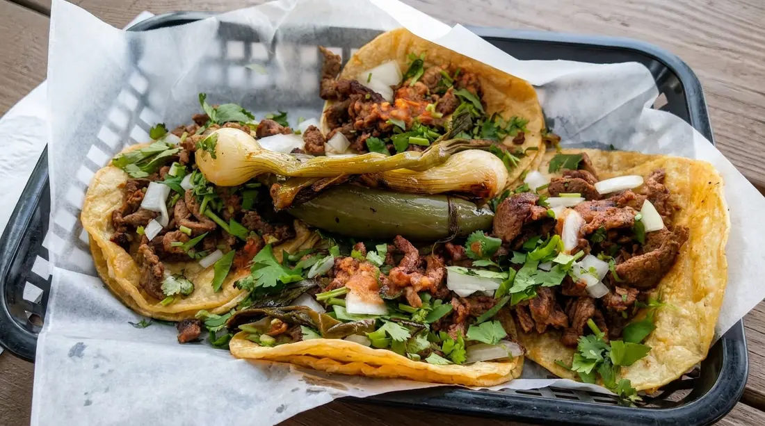 Tacos filled with grilled meat and topped with chopped vegetables